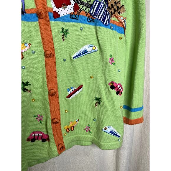 1990s Berek Lime Green World Travel Fashion Glam Maximalist Tourist Cardigan S - Picture 6 of 8